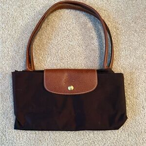 Longchamp Large Brown Leather-Trim Black Nylon Shoulder Bag